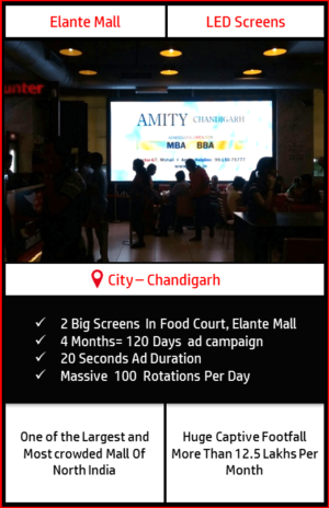 Advertise on 2 Big LED Screens Food Court, Elante Mall, Chandigarh