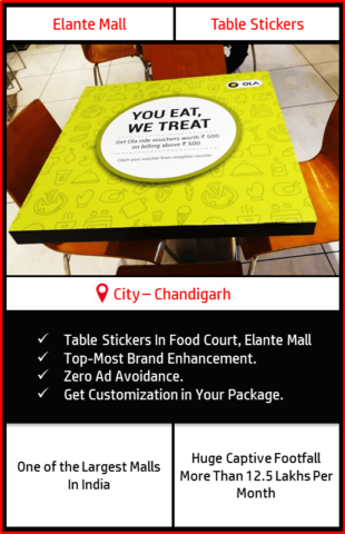 Advertisement on table sticker in Food Court, Elante Mall Chandigarh main