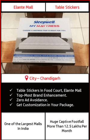 Advertisement on table sticker in Food Court, Elante Mall Chandigarh 5