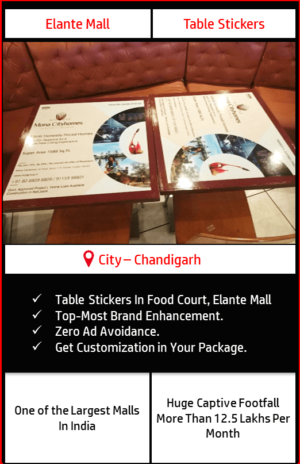 Advertisement on table sticker in Food Court, Elante Mall Chandigarh 1