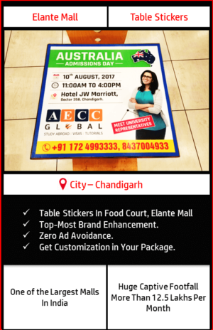 Advertisement on table sticker in Food Court, Elante Mall Chandigarh 2