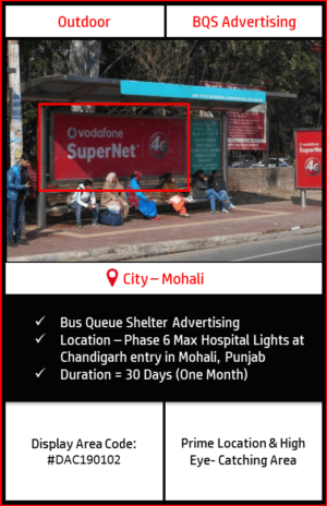 Bus Queue Shelter advertising at Phase 6,Max Hospital Lights In Mohali, Punjab (Outdoor Hoardings and Billboard Advertising)