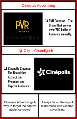 Cinemas Advertising in Chandigarh, Panchkula and Mohali | CInemas Advertising in Tri-city|Advertise in PVR Cinemas| Cinemas Ads| PVR Cinemas Ad| Cinepolis Cinemas Advertising| Advertise in Cinepolis Cinemas| Advertise in PVR Cinemas | Cinemas Advertising in panchkula | Cinemas Advertising in Mohali | Cinemas Advertising in Tricity