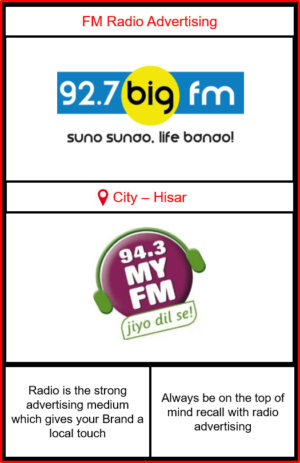 FM radio advertising in Hisar | Fm advertising in Hisar | Advertising on radio Big fm in hisar | My Fm radio ads in Hisar | Radio advertising agency in Hisar | Low cost radio advertising in Hisar | Radio advertising cost in Hisar | Branding in Hisar | Product Promotion in Hisar