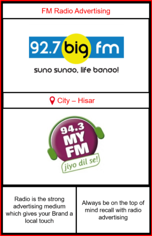 FM radio advertising in Hisar | Fm advertising in Hisar | Advertising on radio Big fm in hisar | My Fm radio ads in Hisar | Radio advertising agency in Hisar | Low cost radio advertising in Hisar | Radio advertising cost in Hisar | Branding in Hisar | Product Promotion in Hisar