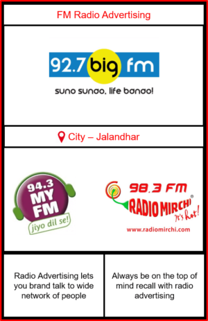 FM radio advertising in Jalandhar | Radio ads in Jalandhar | Radio advertising in Punjab | Radio advertising on Big FM | Mirchi FM radio advertising, radio advertising in MY FM | Outdoor advertising in Jalandhar | Outdoor ad Agency in Jalandhar | Radio advertising agency in Jalandhar