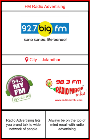 FM radio advertising in Jalandhar | Radio ads in Jalandhar | Radio advertising in Punjab | Radio advertising on Big FM | Mirchi FM radio advertising, radio advertising in MY FM | Outdoor advertising in Jalandhar | Outdoor ad Agency in Jalandhar | Radio advertising agency in Jalandhar