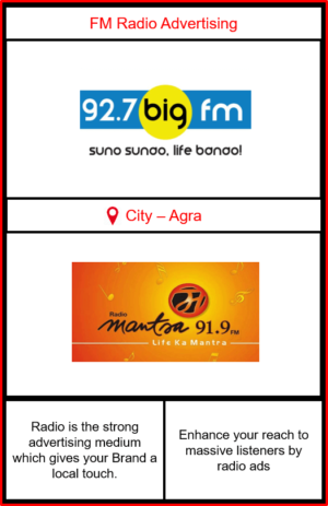 FM radio advertising in Agra | FM radio advertising agency in Agra| Big FM Advertising rates in Agra| Mantra Fm advertising rates in Agra