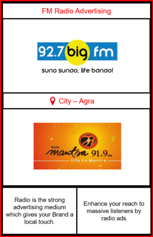FM radio advertising in Agra | FM radio advertising agency in Agra| Big FM Advertising rates in Agra| Mantra Fm advertising rates in Agra