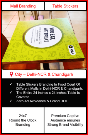 Mall Advertising in Delhi-NCR, Mall Advertising in Chandigarh, Table Stickers Branding, GIP Mall Advertising, Gardens Galleria Mall Advertising, Elante Mall Branding, Bestech Sqaure mall Advertising, Outdoor Advertising in Chandigarh, outdoor Advertising in Delhi-NCR