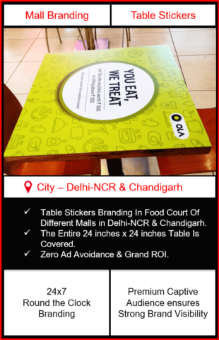 Mall Advertising in Delhi-NCR, Mall Advertising in Chandigarh, Table Stickers Branding, GIP Mall Advertising, Gardens Galleria Mall Advertising, Elante Mall Branding, Bestech Sqaure mall Advertising, Outdoor Advertising in Chandigarh, outdoor Advertising in Delhi-NCR