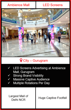 Advertising in ambience mall gurgaon, big led screen advertising in ambience mall, mall advertising in delhi, digital advertising in delhi, dooh advertising in delhi