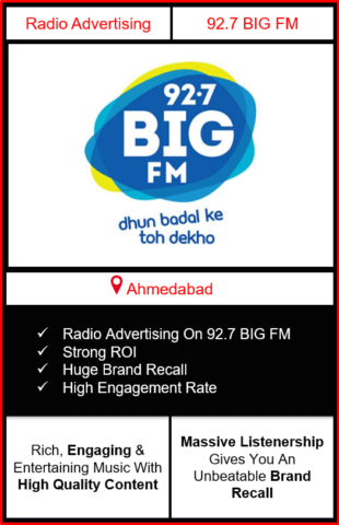 Radio Advertising in Ahmedabad, advertising on radio in Ahmedabad, radio ads in Ahmedabad, advertising in Ahmedabad, 92.7 BIG FM Advertising in Ahmedabad