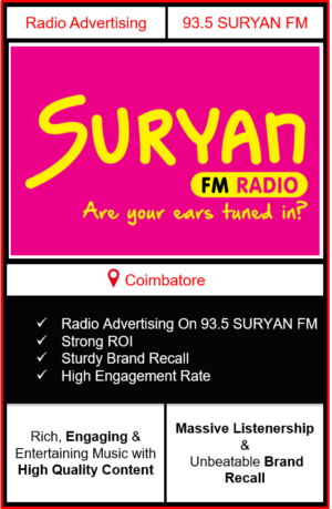 Radio Advertising in Coimbatore, advertising on radio in Coimbatore, radio ads in Coimbatore, advertising in Coimbatore, 93.5 SURYAN FM Advertising in Coimbatore