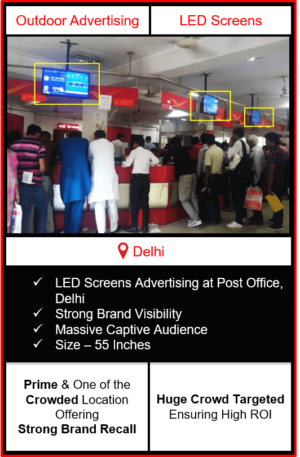 screen advertising in post offices, led screen advertising in post offices delhi, advertising in post offices, outdoor advertising in delhi