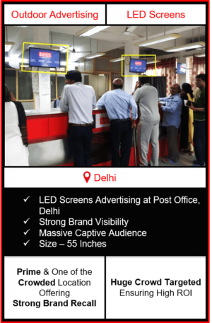 screen advertising in post offices, led screen advertising in post offices delhi, advertising in post offices, outdoor advertising in delhi