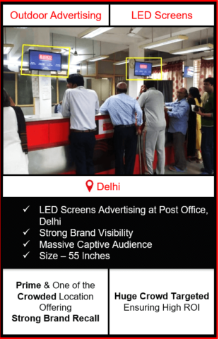 screen advertising in post offices, led screen advertising in post offices delhi, advertising in post offices, outdoor advertising in delhi