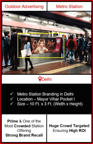 advertising on metro station, advertising on mayur vihar metro station, metro station branding in delhi, delhi metro branding
