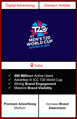 advertising in icc world cup 2022, advertising in t20 2022, advertising on disney hotstar world cup 2022, world cup advertising agency