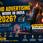 Radio advertising studio setup with microphone and ON AIR sign representing FM radio advertising in India, brand promotions, RJ mentions, and pan India radio marketing solutions in 2026.
