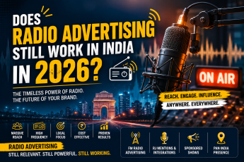 Radio advertising studio setup with microphone and ON AIR sign representing FM radio advertising in India, brand promotions, RJ mentions, and pan India radio marketing solutions in 2026.