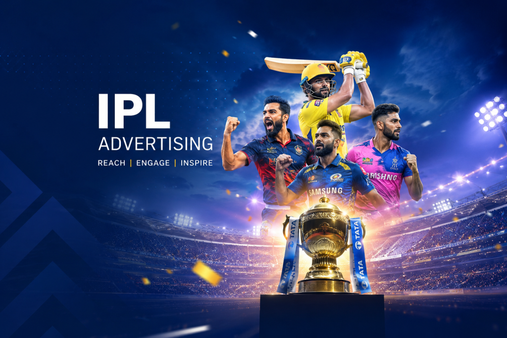 IPL Advertising for brands featuring a cricket stadium, professional cricketers and trophy representing TV, OTT, sponsorship and media planning opportunities during the Indian Premier League.. Advertise on JIO Hotstar during IPL