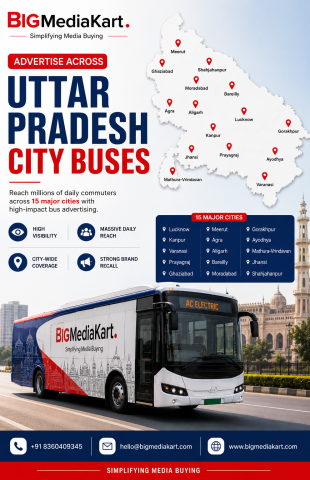 Uttar Pradesh City Bus Advertising by Big Media Kart featuring branded electric city buses and transit media coverage across Lucknow, Kanpur, Varanasi, Prayagraj, Ghaziabad, Meerut, Agra and other major UP cities. Advertise on UP Buses..